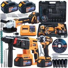 MEGA TOOLS KIT ACU 2X 4AH 21V 3in1 haamri-vasarapuurpinkleri tikkimis- ja lihvimisseadmed BLACK hind ja info | Käsitööriistad | kaup24.ee