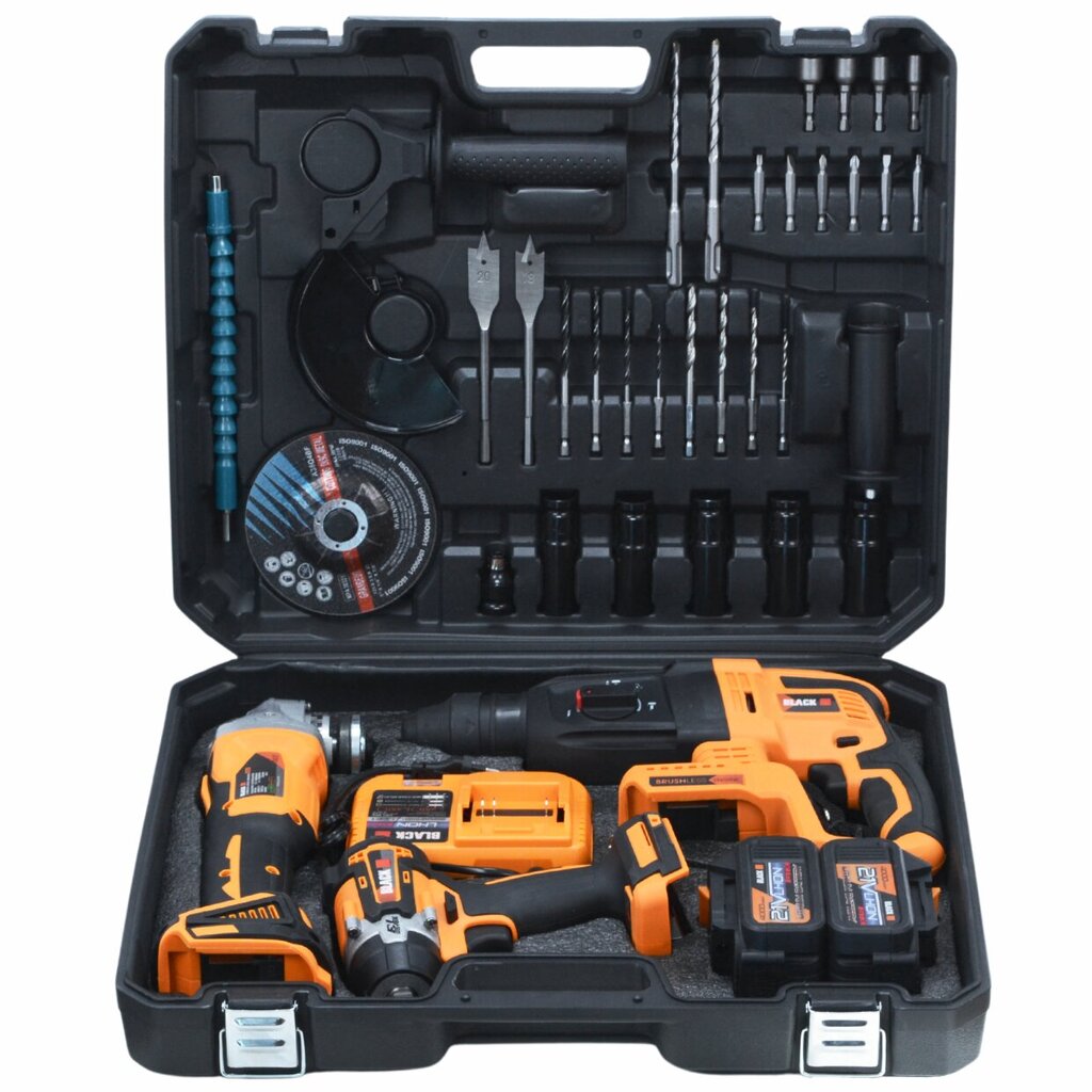 MEGA TOOLS KIT ACU 2X 4AH 21V 3in1 haamri-vasarapuurpinkleri tikkimis- ja lihvimisseadmed BLACK цена и информация | Käsitööriistad | kaup24.ee