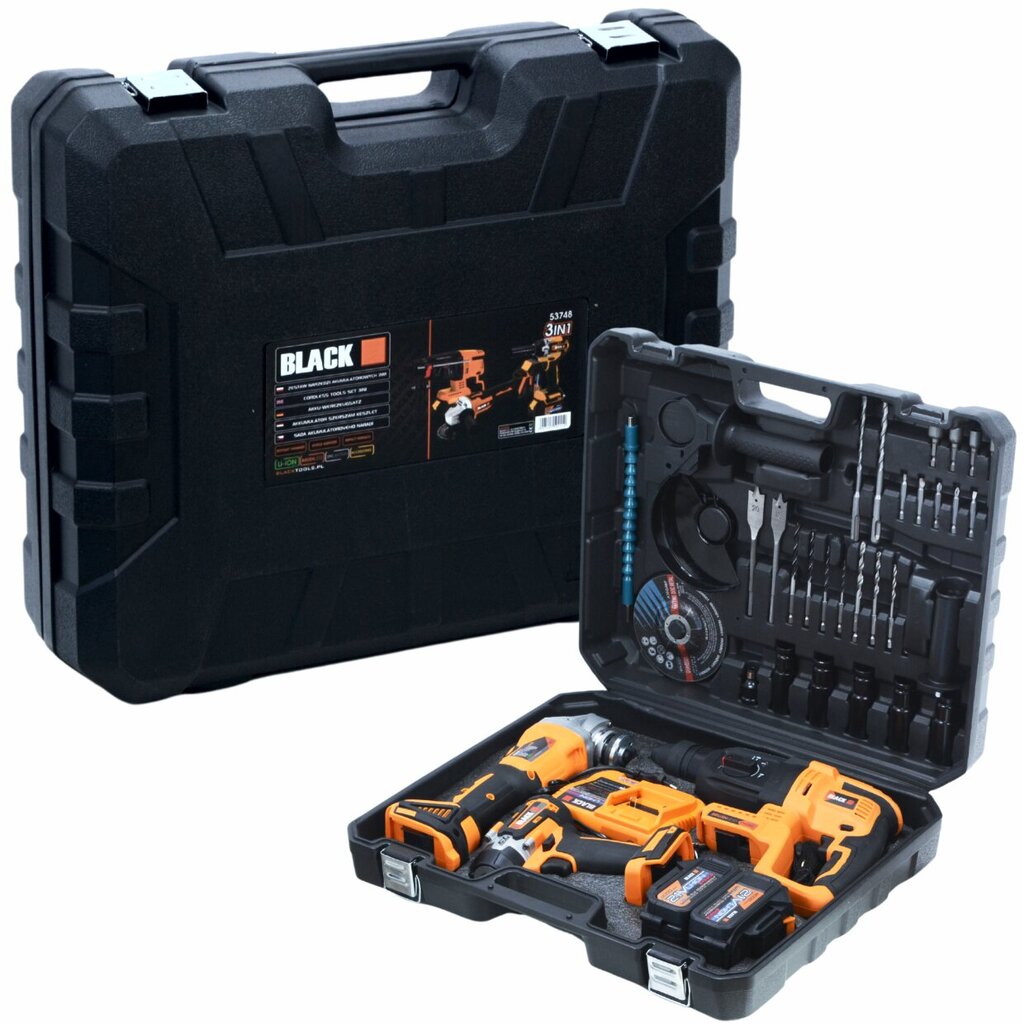 MEGA TOOLS KIT ACU 2X 4AH 21V 3in1 haamri-vasarapuurpinkleri tikkimis- ja lihvimisseadmed BLACK цена и информация | Käsitööriistad | kaup24.ee