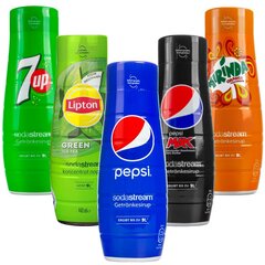 5x SodaStream Pepsi siirup, Pepsi MAX, Mirinda, 7UP, Lipton Green Tea цена и информация | Аппараты для газирования воды | kaup24.ee