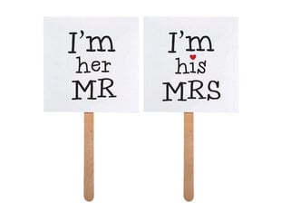 Аксессуары для фотосессии I'm his MRS/I'm her MR, 9x9 см (1 упаковка/ 2 шт) цена и информация | Праздничные декорации | kaup24.ee