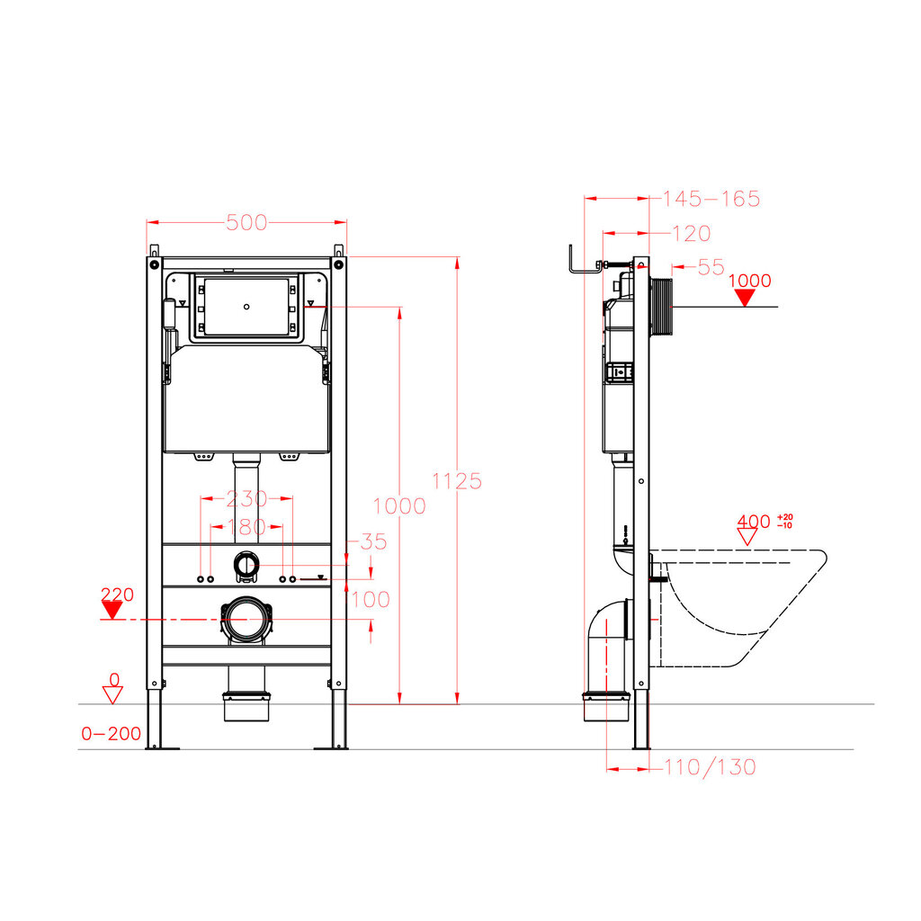 Sisseehitatud raam seinakäimlale Vento 500X165mm, h=1125 mm hind ja info | WС-potid | kaup24.ee