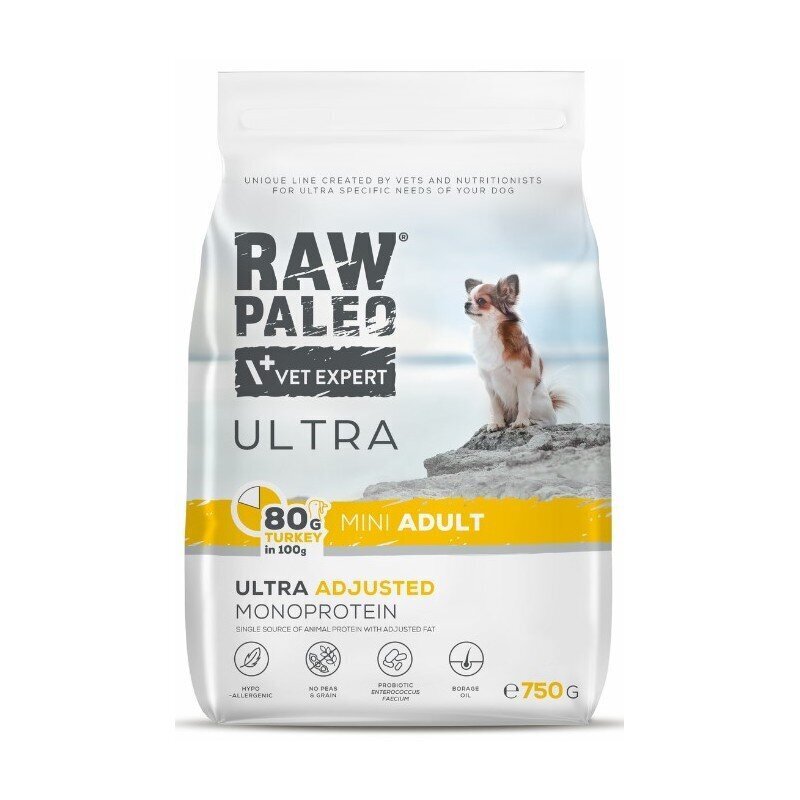 Raw Paleo Ultra Turkey Mini Adult täiskasvanud väikest tõugu koertele koos kalkuniga, 750 g цена и информация | Kuivtoit koertele | kaup24.ee