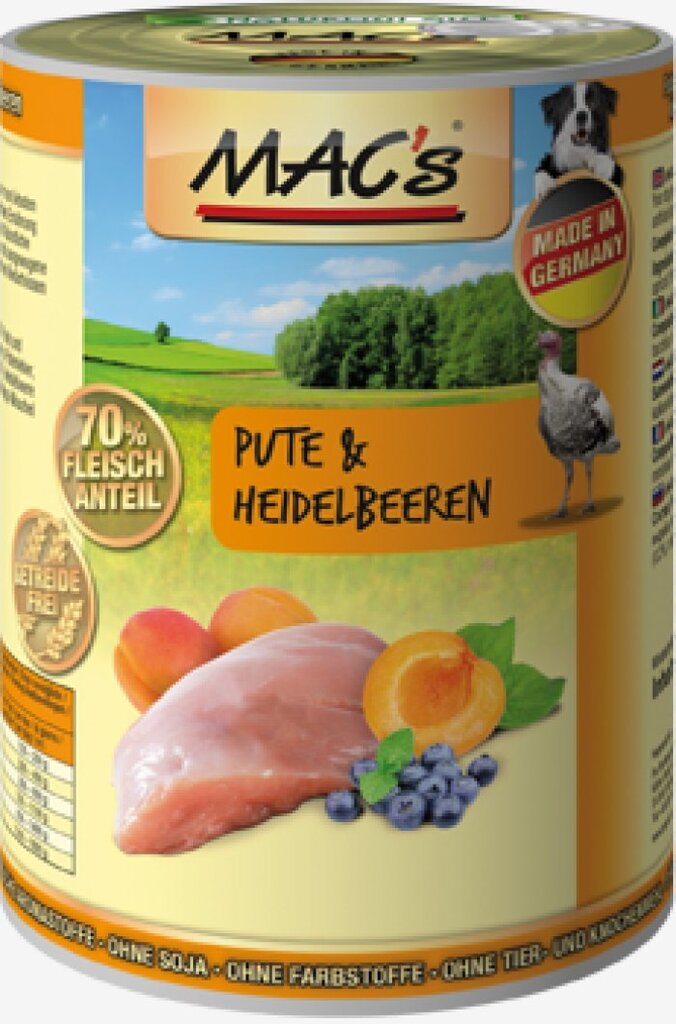 Koerakonserv Mac's Turkey & Bluberries 400 g hind ja info | Konservid koertele | kaup24.ee