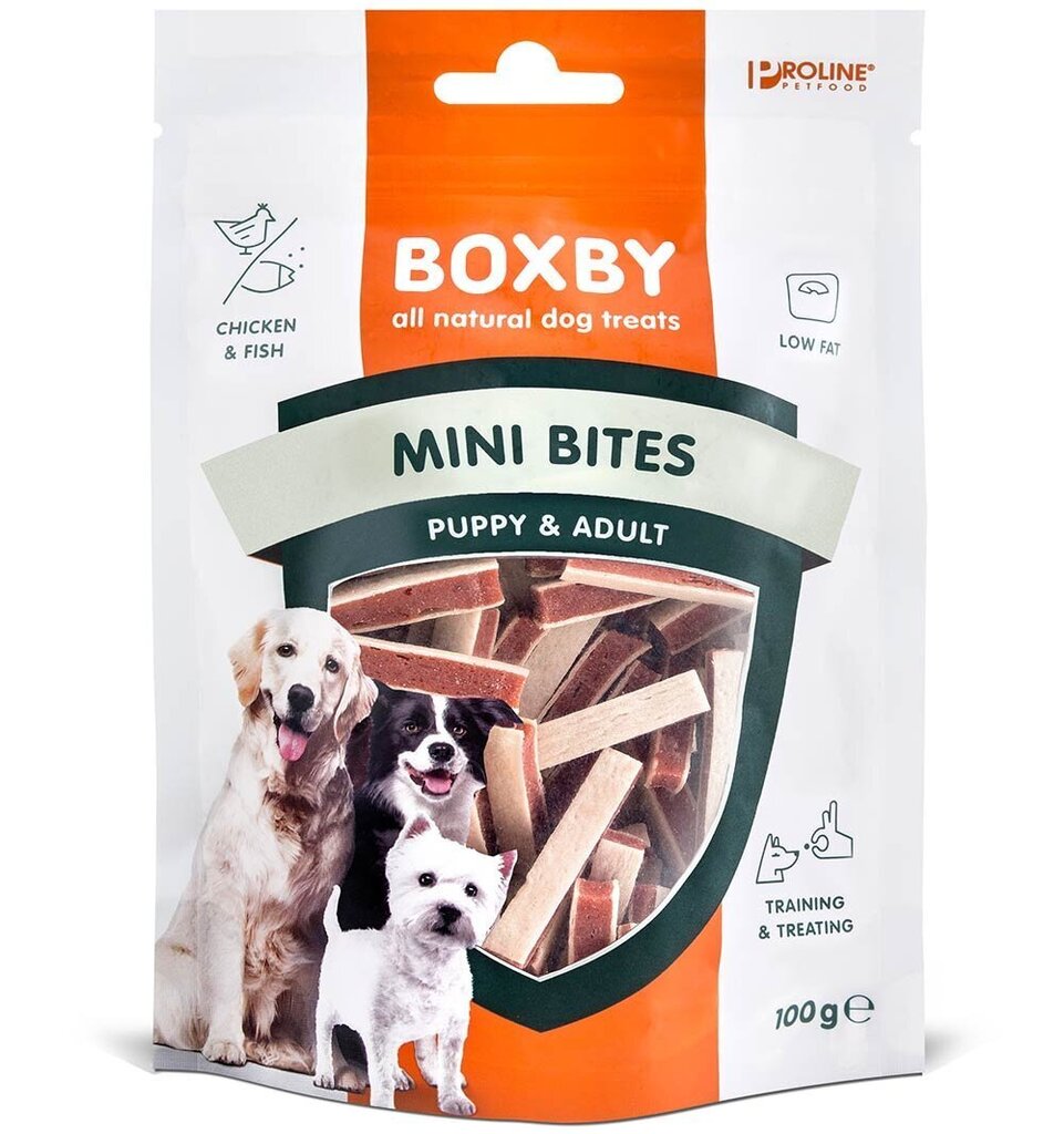 Naturaalne maius koerale Boxby Mini Bites, kanaliha ja kalaga, 100 g цена и информация | Maiustused koertele | kaup24.ee