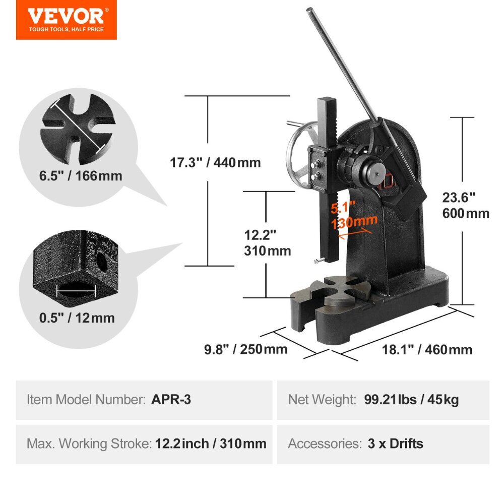 Käsitsi kangpress Vevor, 3 t, 310 mm цена и информация | Käsitööriistad | kaup24.ee