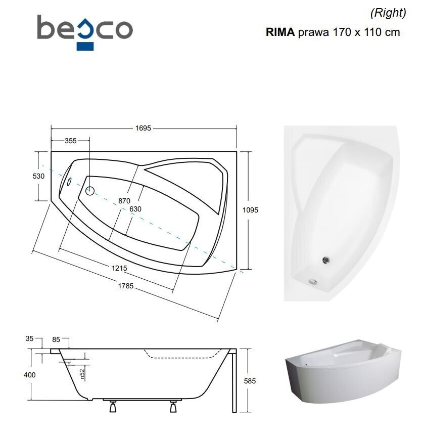 Vann Besco Rima koos viimistlusega, 170x110 cm, parempoolne цена и информация | Vannid | kaup24.ee
