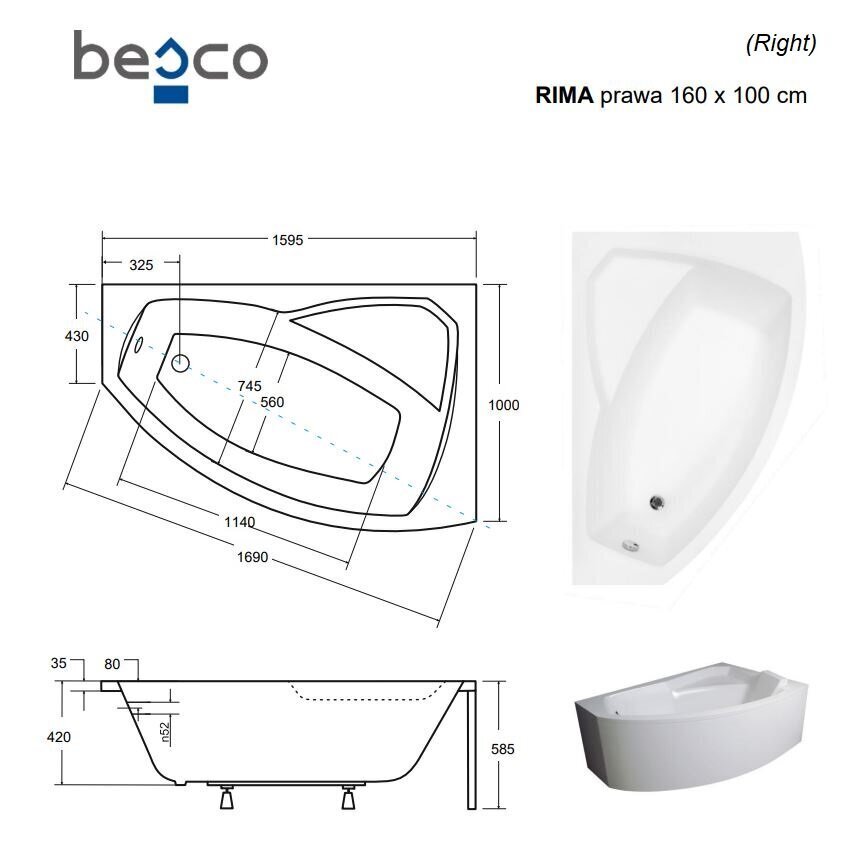 Vann Besco Rima koos viimistlusega, 160x100 cm, parempoolne цена и информация | Vannid | kaup24.ee