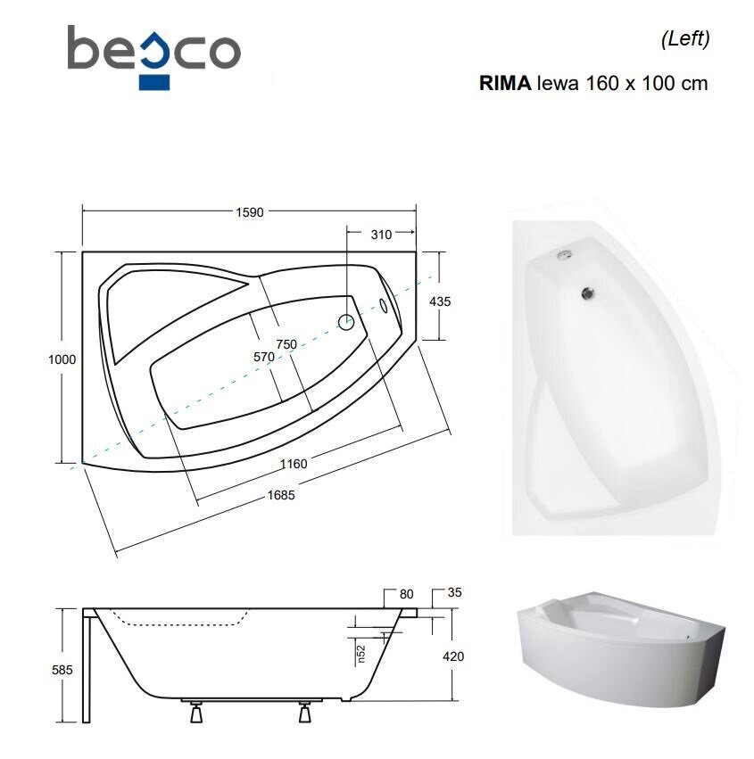 Vann Besco Rima koos viimistlusega, 160x100 cm, vasakpoolne цена и информация | Vannid | kaup24.ee