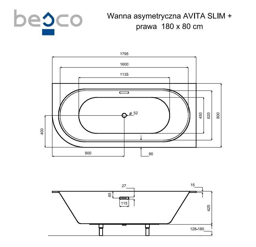 Vann Besco Avita Slim+, 180x80 cm, parempoolne hind ja info | Vannid | kaup24.ee