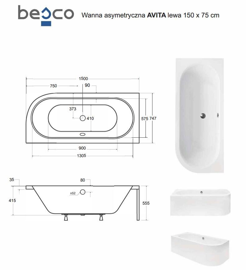 Vann Besco Avita koos viimistlusega, 150x75 cm, vasakpoolne hind ja info | Vannid | kaup24.ee