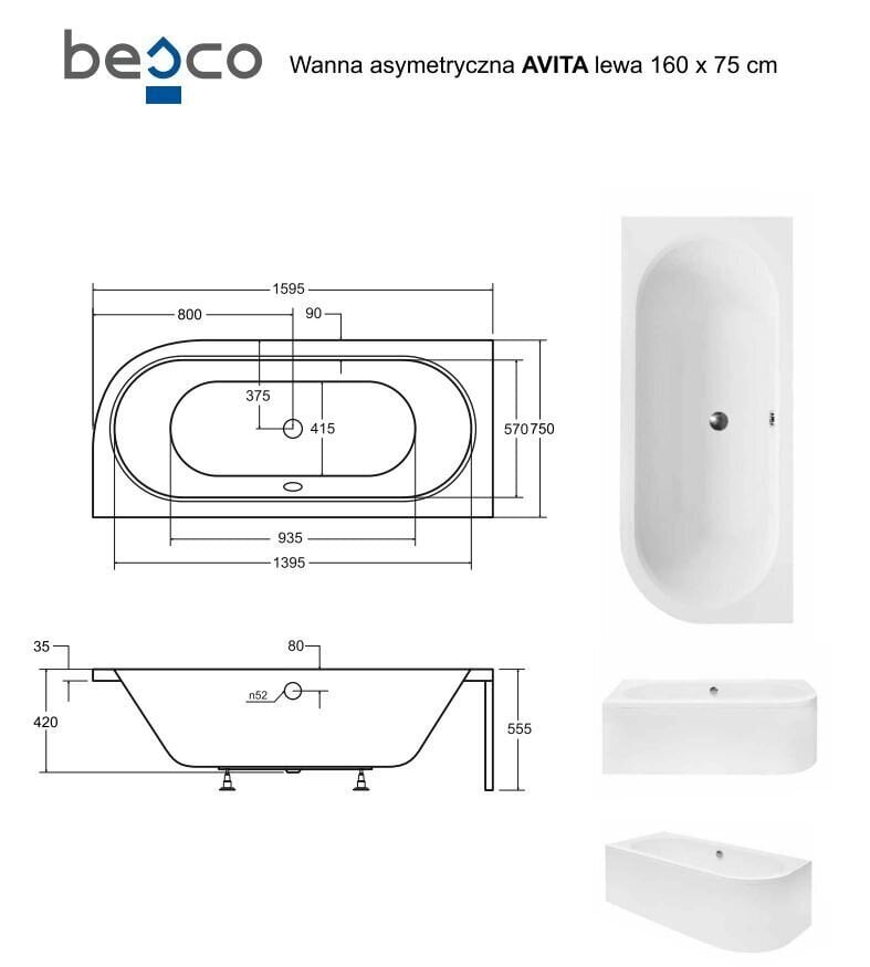 Vann Besco Avita, 160x75 cm, vasakpoolne hind ja info | Vannid | kaup24.ee