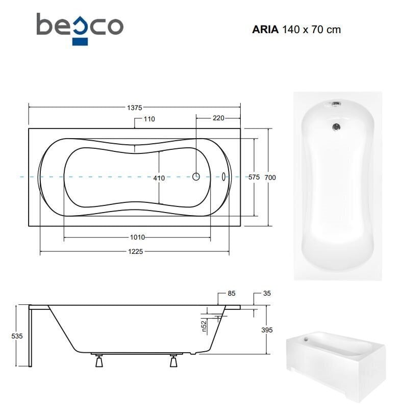 Vann Besco Aria Plus koos käepidemete ja viimistlusega, 140x70 cm hind ja info | Vannid | kaup24.ee