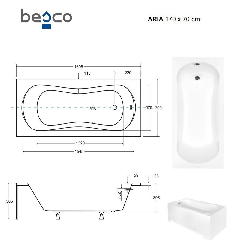 Vann Besco Aria koos viimistlusega, 170x70 cm цена и информация | Vannid | kaup24.ee