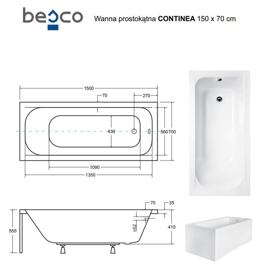 Vann Besco Continea, 150x70 cm цена и информация | Vannid | kaup24.ee