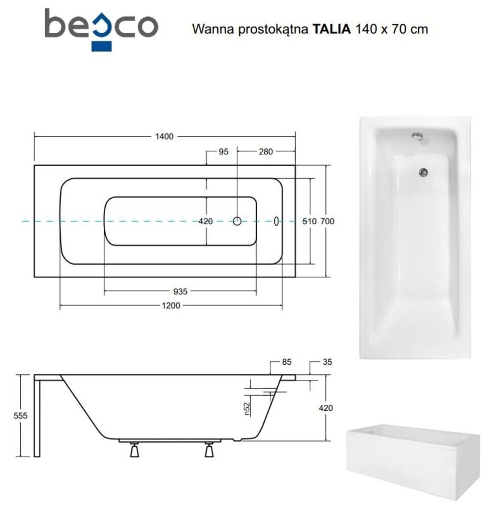 Vann Besco Talia koos viimistlusega, 140x70 cm hind ja info | Vannid | kaup24.ee