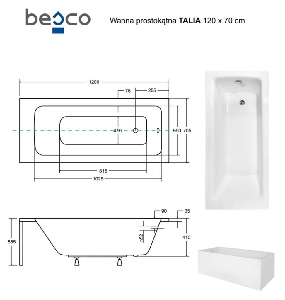 Vann Besco Talia koos viimistlusega, 120x70 cm цена и информация | Vannid | kaup24.ee