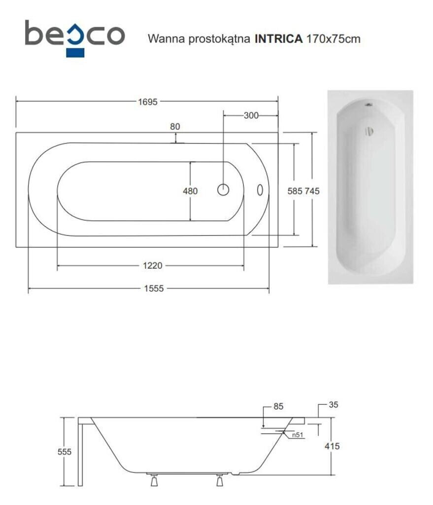 Vann Besco Intrica koos viimistlusega, 170x75 cm hind ja info | Vannid | kaup24.ee