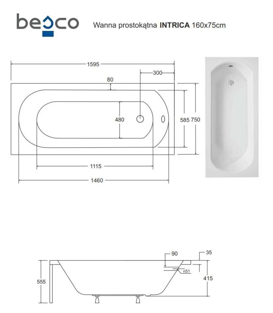 Vann Besco Intrica koos viimistlusega, 160x75 cm цена и информация | Vannid | kaup24.ee