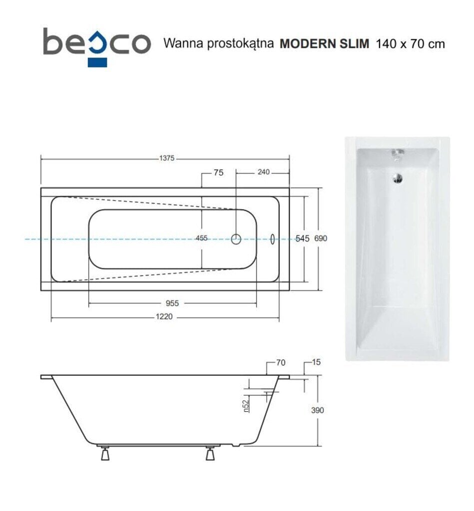 Vann Besco Modern Slim, 140x70 cm hind ja info | Vannid | kaup24.ee