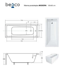 Vann Besco Modern koos viimistlusega, 180x80 cm hind ja info | Vannid | kaup24.ee