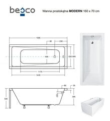 Vann Besco Modern koos viimistlusega, 160x70 cm hind ja info | Vannid | kaup24.ee