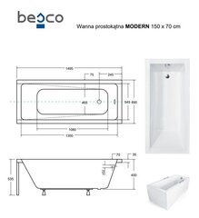 Vann Besco Modern koos viimistlusega, 150x70 cm hind ja info | Vannid | kaup24.ee