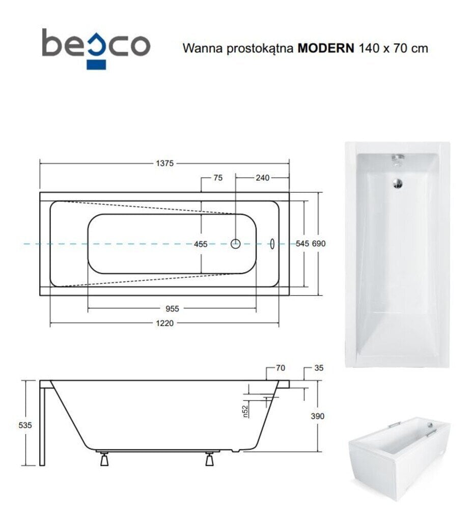 Vann Besco Modern koos viimistlusega, 140x70 cm цена и информация | Vannid | kaup24.ee