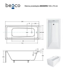 Vann Besco Modern koos viimistlusega, 130x70 cm hind ja info | Vannid | kaup24.ee