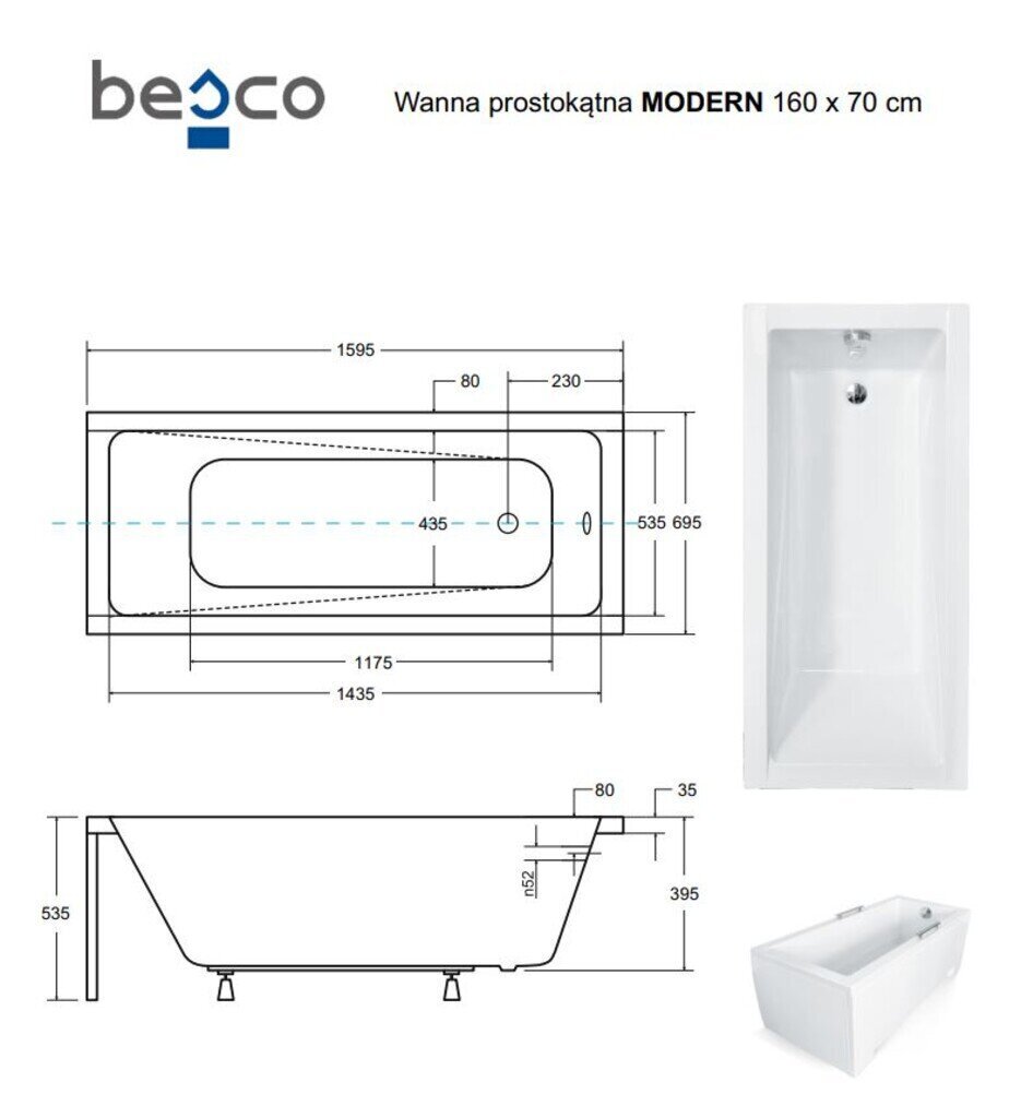 Vann Besco Modern koos viimistlusega, 160x70 cm цена и информация | Vannid | kaup24.ee