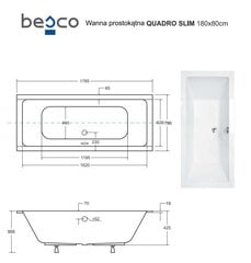 Vonia Besco Quadro Slim, 180 x 80 cm цена и информация | Ванны | kaup24.ee