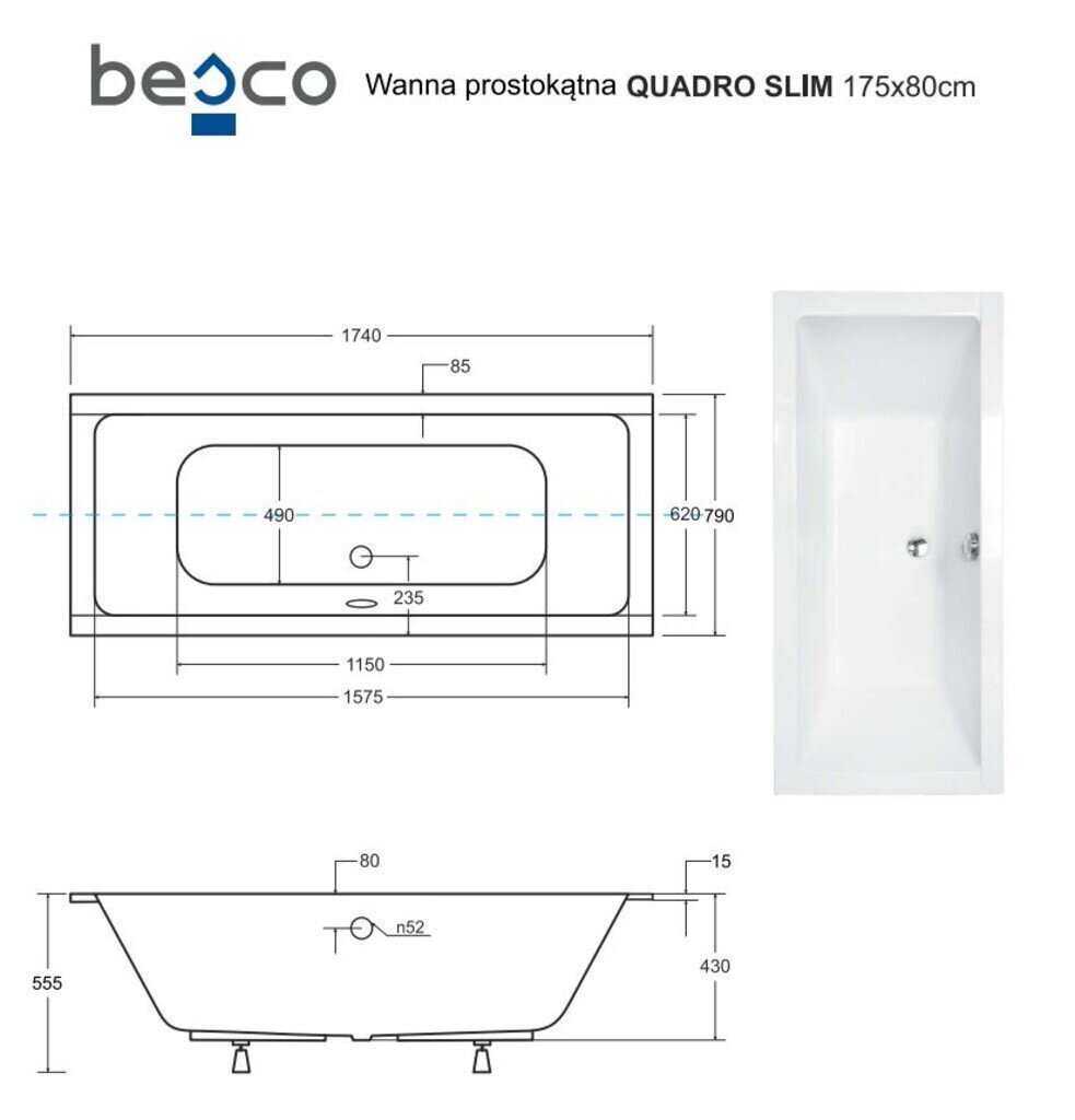 Vann Besco Quadro Slim, 175x80 cm hind ja info | Vannid | kaup24.ee