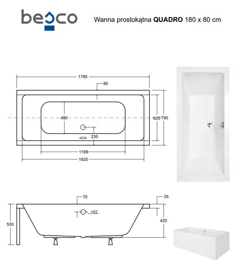 Vann Besco Quadro koos viimistlusega, 180x80 cm hind ja info | Vannid | kaup24.ee