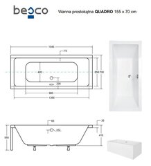 Vann Besco Quadro koos viimistlusega, 155x70 cm hind ja info | Vannid | kaup24.ee