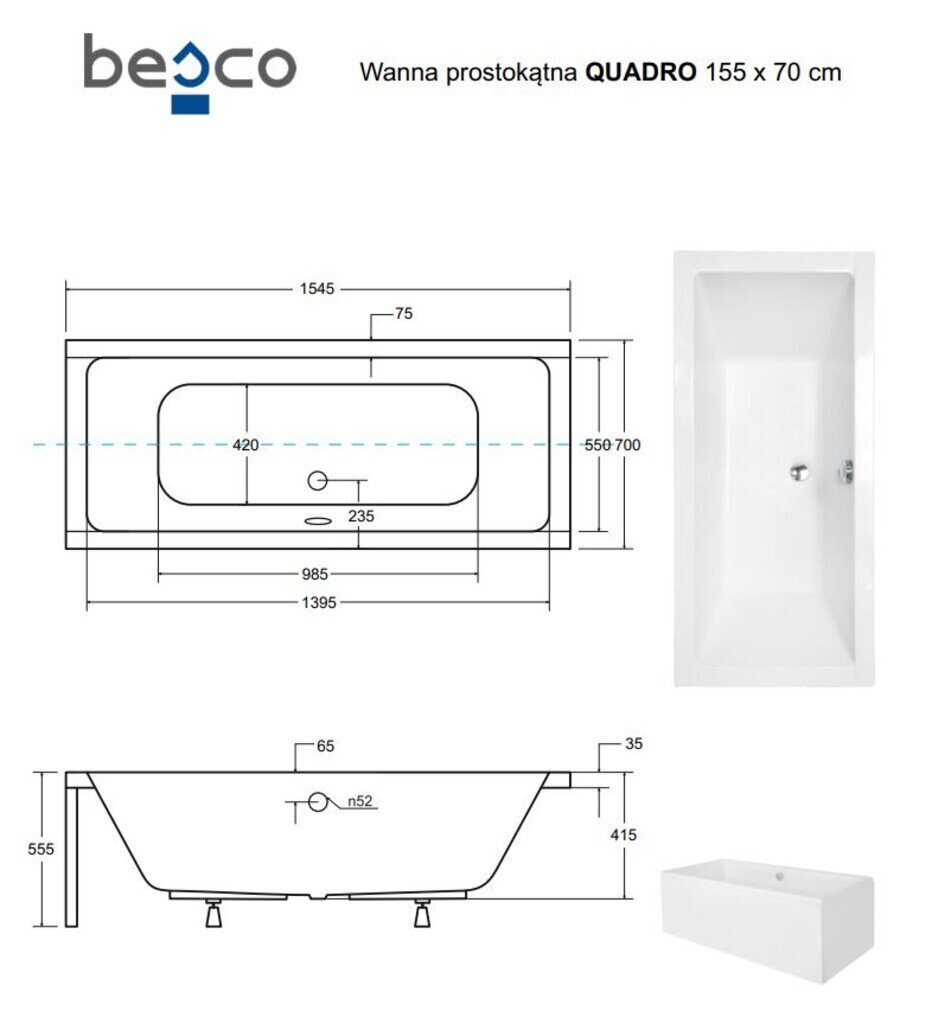 Vann Besco Quadro koos viimistlusega, 155x70 cm цена и информация | Vannid | kaup24.ee