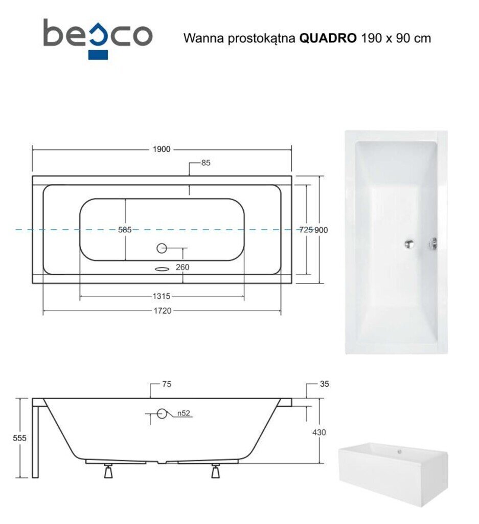 Vann Besco Quadro, 190x90 cm цена и информация | Vannid | kaup24.ee