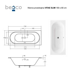 Vann Besco Vitae Slim, 180x80 cm hind ja info | Vannid | kaup24.ee