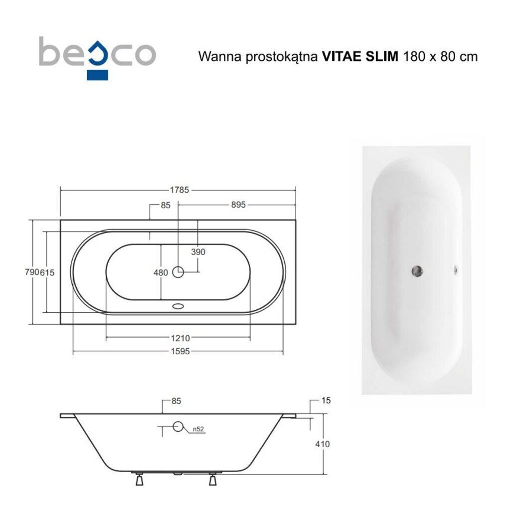 Vann Besco Vitae Slim, 180x80 cm цена и информация | Vannid | kaup24.ee