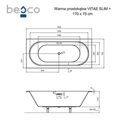 Vann Besco Vitae Slim+, 170x75 cm hind ja info | Vannid | kaup24.ee