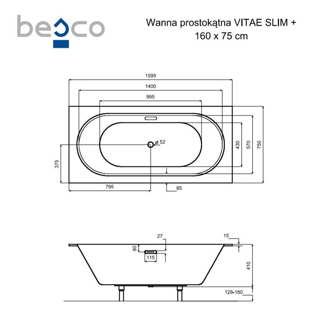 Vann Besco Vitae Slim+, 160x75 cm цена и информация | Vannid | kaup24.ee