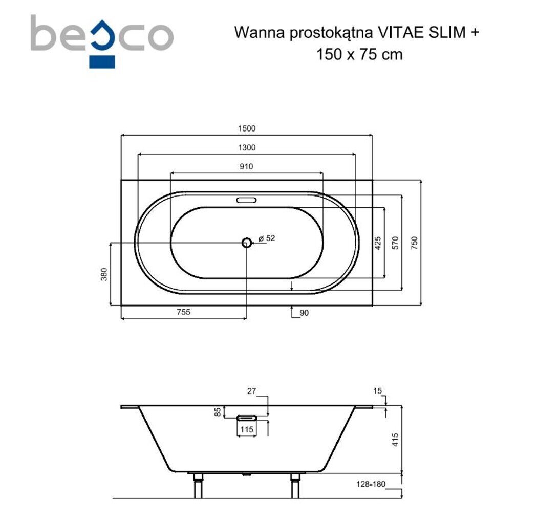 Vann Besco Vitae Slim+, 150x75 cm цена и информация | Vannid | kaup24.ee