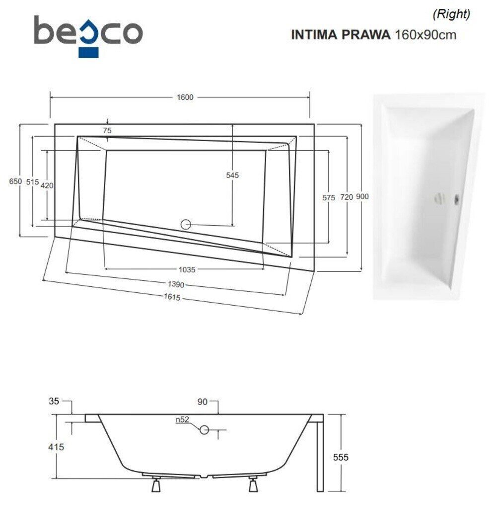 Vann Besco Intima koos viimistlusega, 160x90 cm, parempoolne hind ja info | Vannid | kaup24.ee