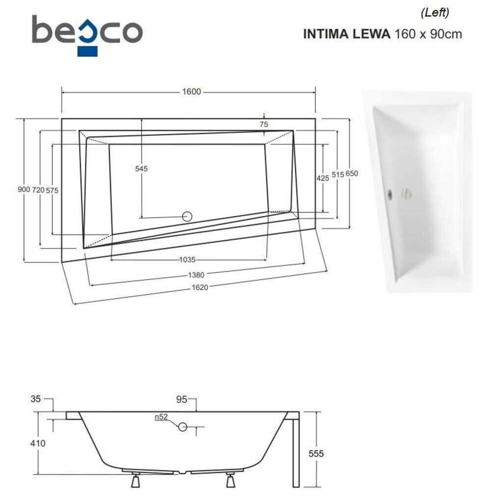 Vann Besco Intima koos viimistlusega, 160x90 cm, vasakpoolne hind ja info | Vannid | kaup24.ee