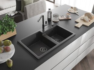 Granitinė virtuvinė plautuvė Mexen Tomas su maišytuvu ir sifonu, Black granite+Black granite/Chrome цена и информация | Раковины на кухню | kaup24.ee