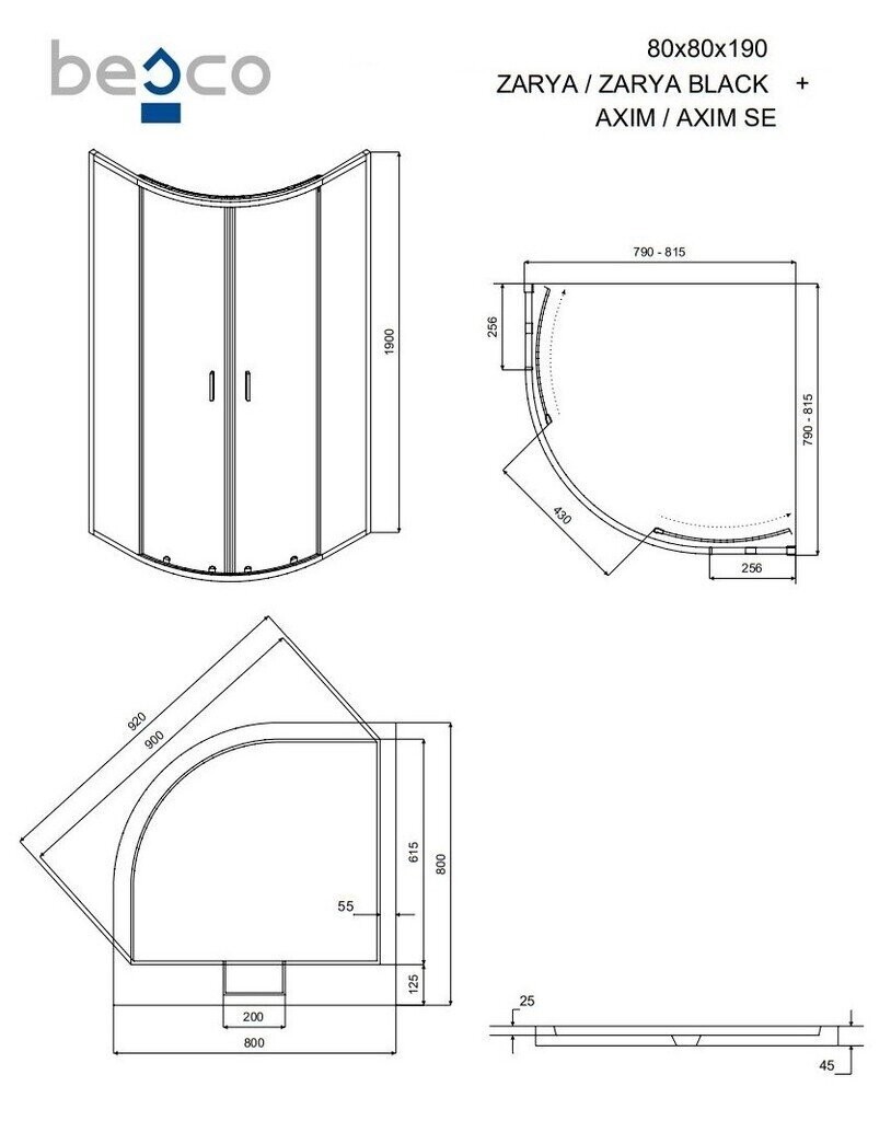 Dušikabiin Besco Zarya koos alusega Axim, 80x80x190 cm цена и информация | Dušikabiinid | kaup24.ee