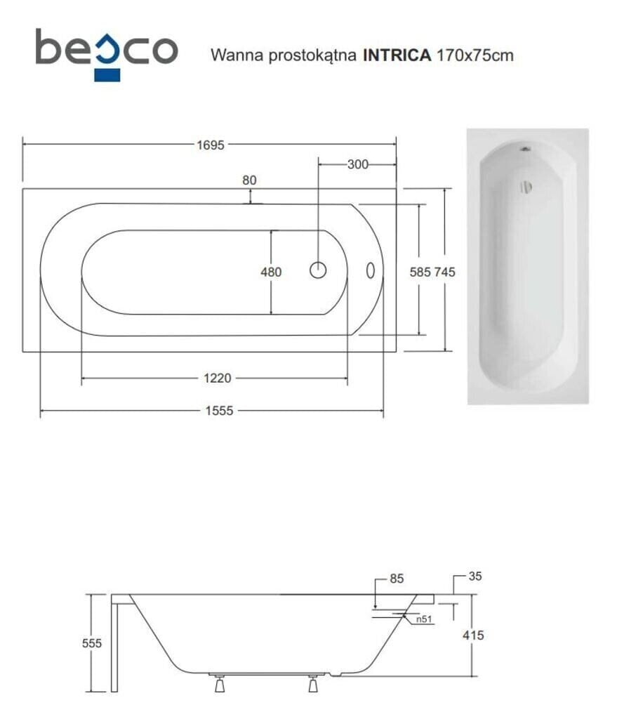 Vann Besco Intrica viimistlusega, 170x75 cm цена и информация | Vannid | kaup24.ee