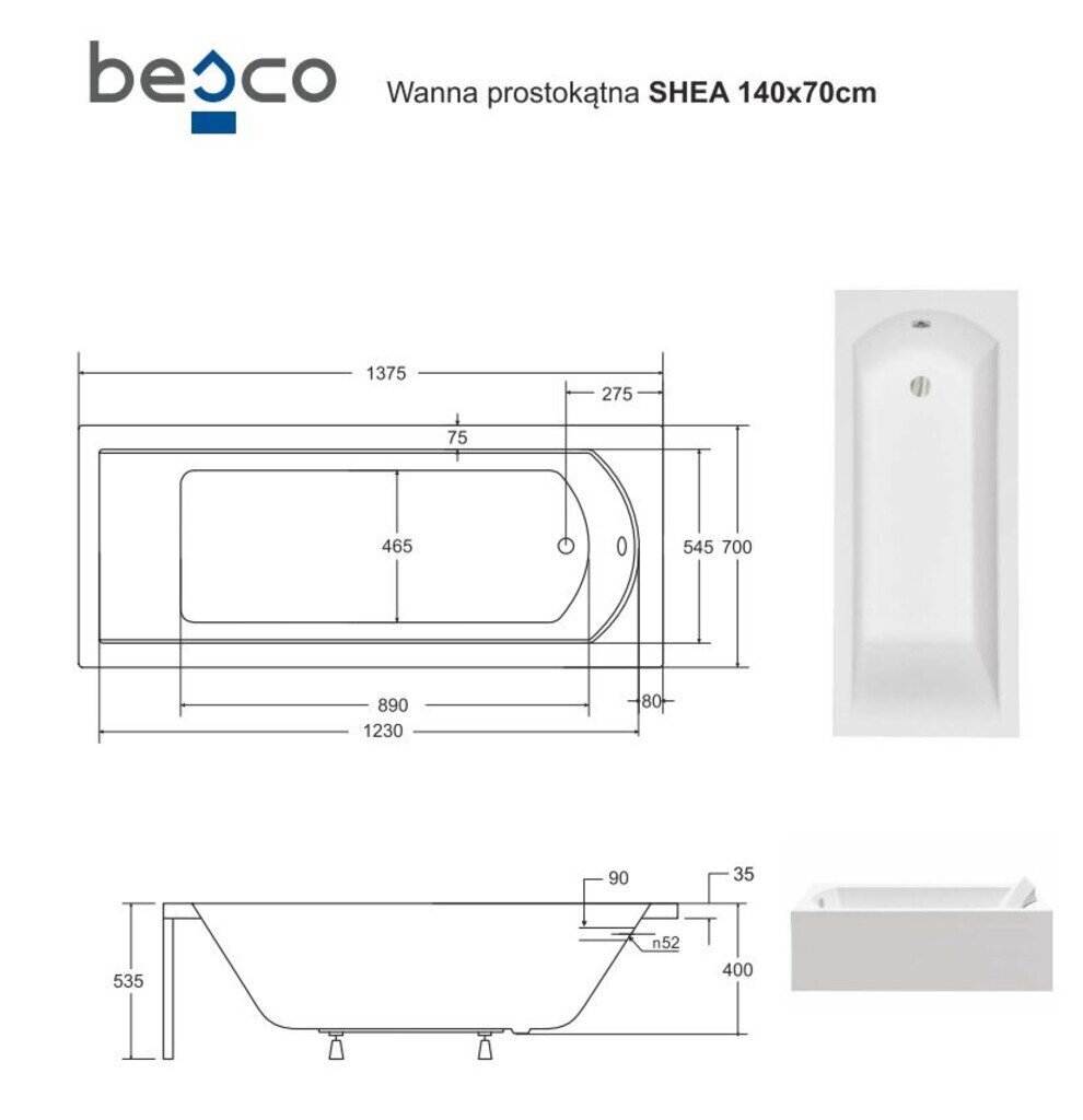 Vann Besco Shea, 140x70 cm цена и информация | Vannid | kaup24.ee