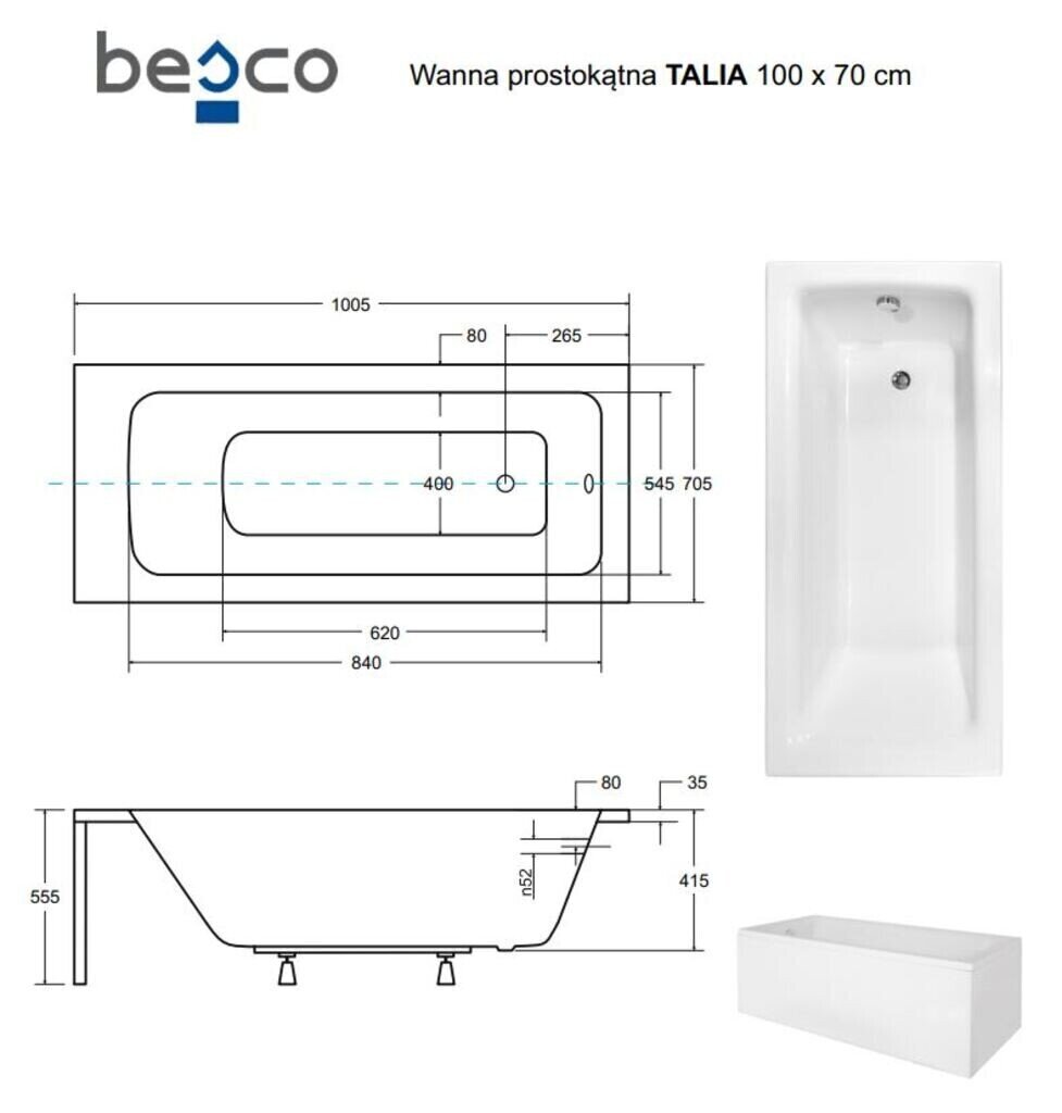 Vann Besco Talia viimistlusega, 100x70 cm hind ja info | Vannid | kaup24.ee