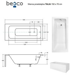 Vonia Besco Talia, 150 x 70 cm, su balta apdaila цена и информация | Ванны | kaup24.ee