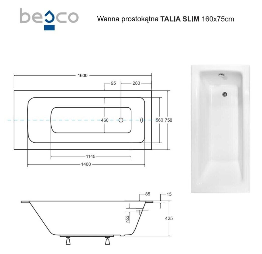 Vann Besco Talia Slim, 160x75 cm hind ja info | Vannid | kaup24.ee